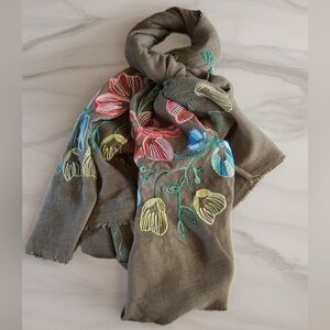 Treska Mocha Gray Floral Hand Embroidered Scarf or Wrap, Multicolored NEW